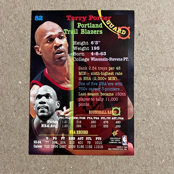 1994-95 Topps Stadium Club - Terry Porter #82 Portland Trail Blazers Basketball - Picture 2 of 2